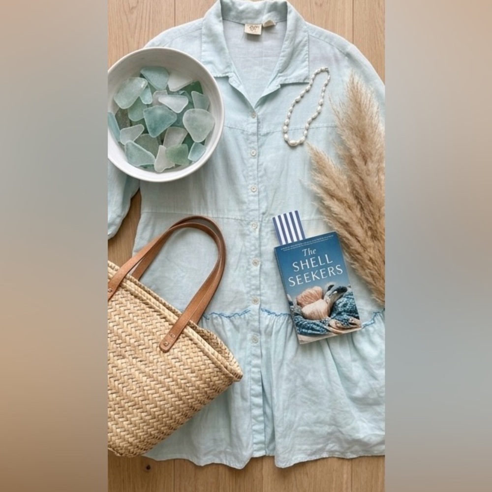 LA BLEND Bali Vintage 100% Linen Light Blue Ruffle Tunic Dress XL Coastal Boho - Picture 4 of 14